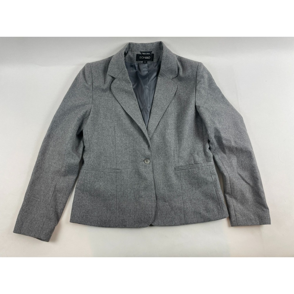 Domino Blazer Jacket Women's Size 8 Gray Heather Button 100% Wool Shoulder Pads